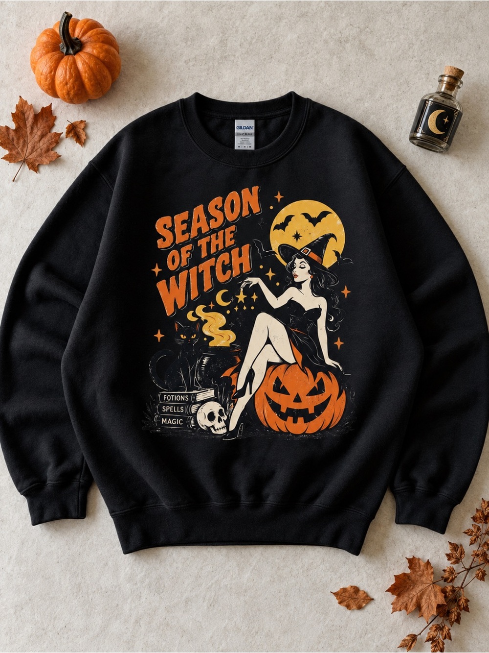 Season of the Witch Halloween Graphic Sweatshirt Pinup Witch Pumpkin Gildan